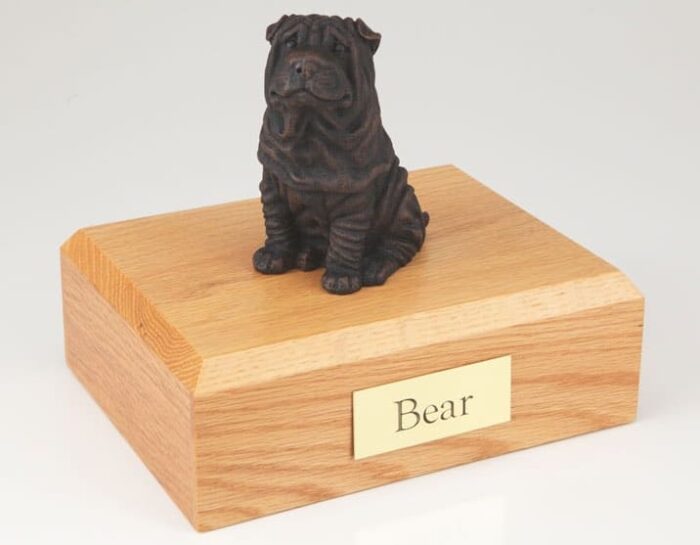 Bronze look Shar Pei figurine cremation urn w/wood box