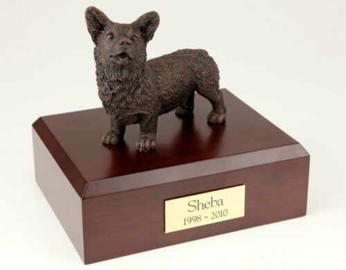 Bronze-look Welsh Corgi figurine cremation urn w/wood box