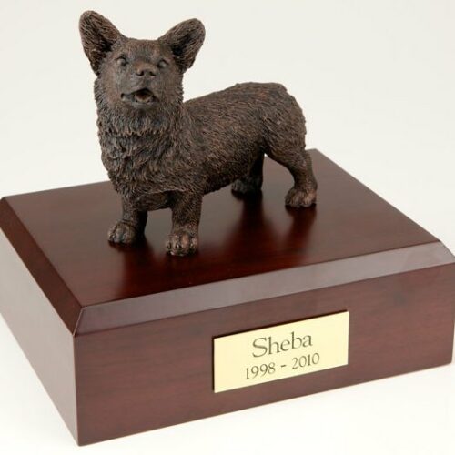 Bronze-look Welsh Corgi figurine cremation urn w/wood box