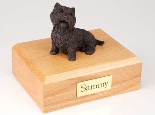 Bronze-look Westie figurine cremation urn w/wood box