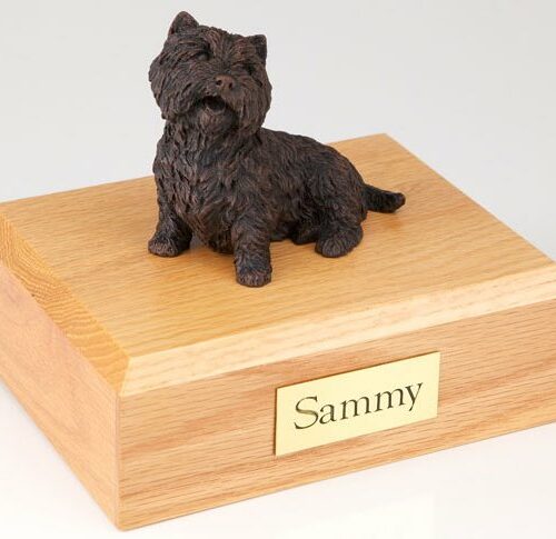 Bronze-look Westie figurine cremation urn w/wood box