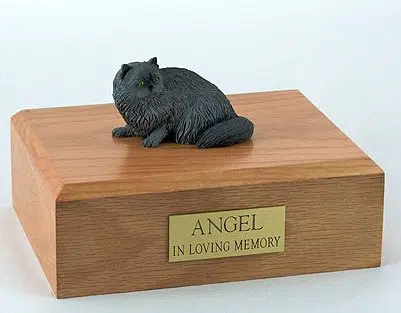 Gray Persian cat figurine cremation urn w/wood box