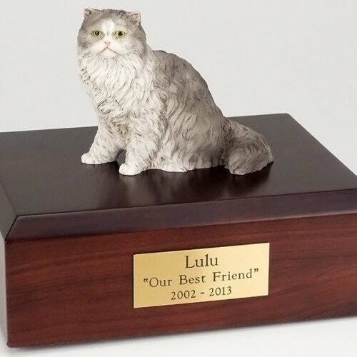 Gray Persian cat figurine cremation urn w/wood box