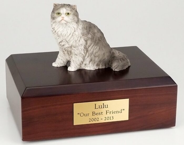 Gray Persian cat figurine cremation urn w/wood box