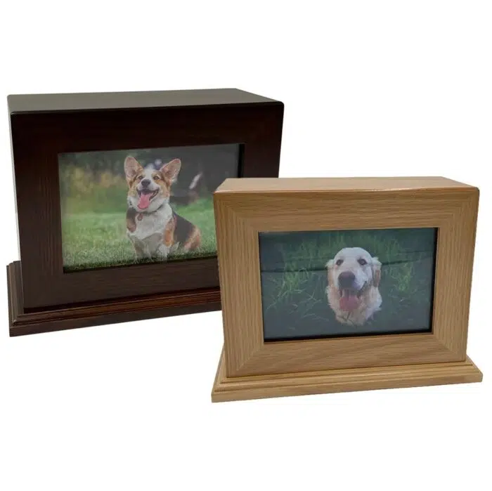 Wood cremation urn, horizontal, with slot for photo