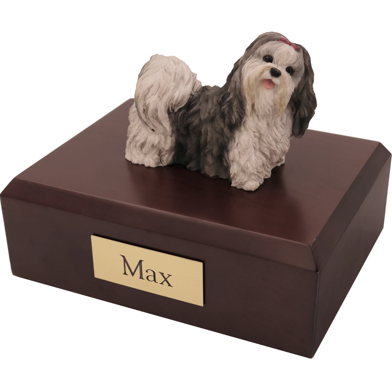 Memorial cremation walnut finish urn with Shih Tzu dog figurine