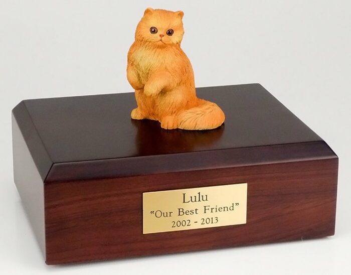 Orange (red) Persian cat figurine cremation urn w/wood box