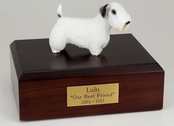 Sealyham Terrier figurine cremation urn w/wood box