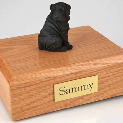 Shar Pei figurine cremation urn w/wood box