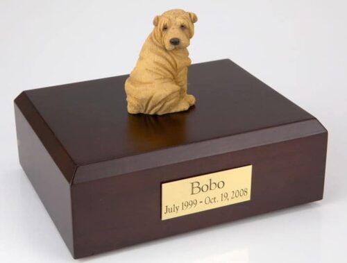 Shar Pei figurine cremation urn w/wood box