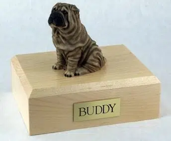 Shar Pei figurine cremation urn w/wood box