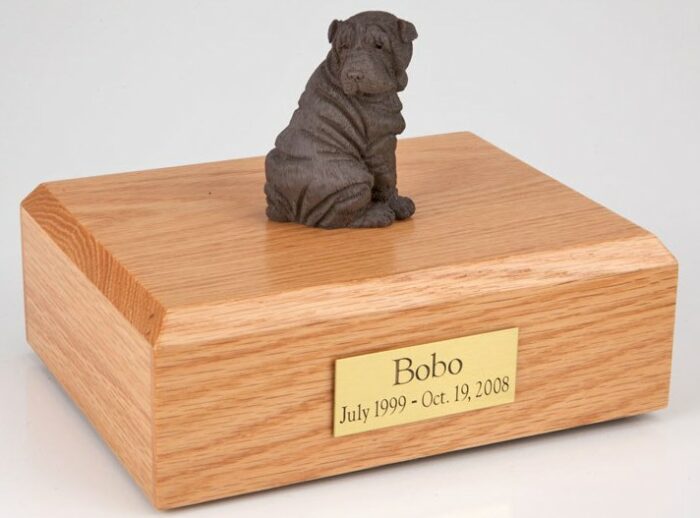 Shar Pei figurine cremation urn w/wood box