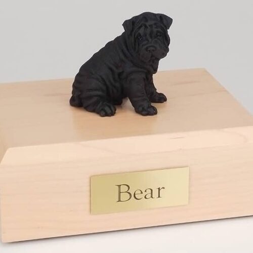 Shar Pei figurine cremation urn w/wood box