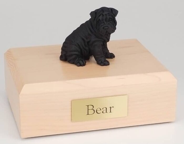 Shar Pei figurine cremation urn w/wood box