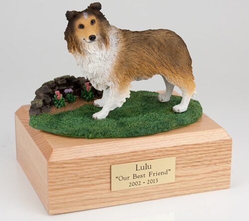 Sheltie figurine cremation urn w/wood box