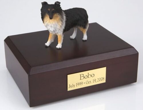 Sheltie figurine cremation urn w/wood box