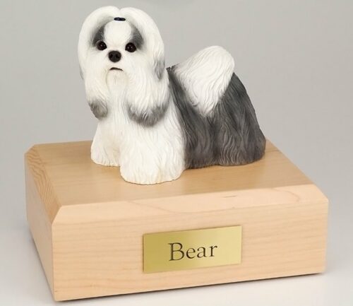 Shih Tzu figurine cremation urn w/wood box