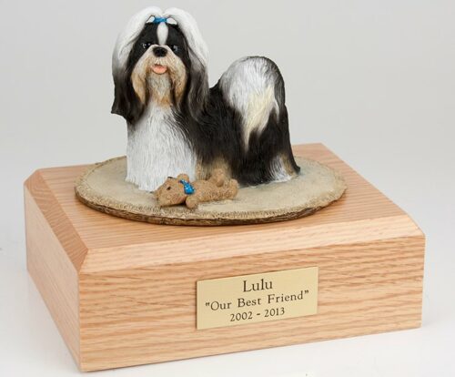 Shih Tzu figurine cremation urn w/wood box