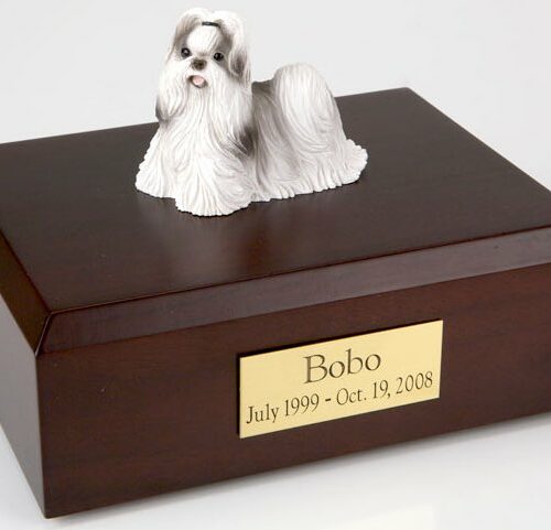 Shih Tzu figurine cremation urn w/wood box