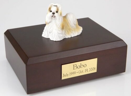 Shih Tzu figurine cremation urn w/wood box