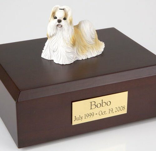 Shih Tzu figurine cremation urn w/wood box