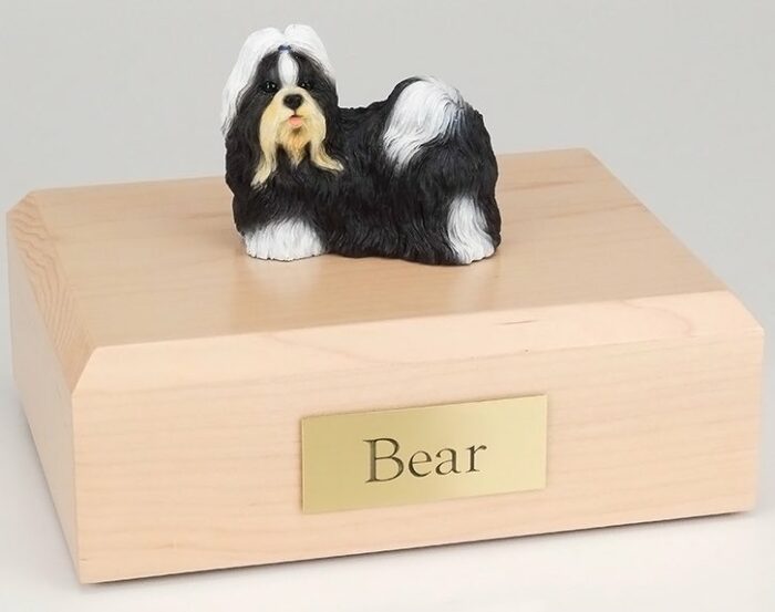 Shih Tzu figurine cremation urn w/wood box