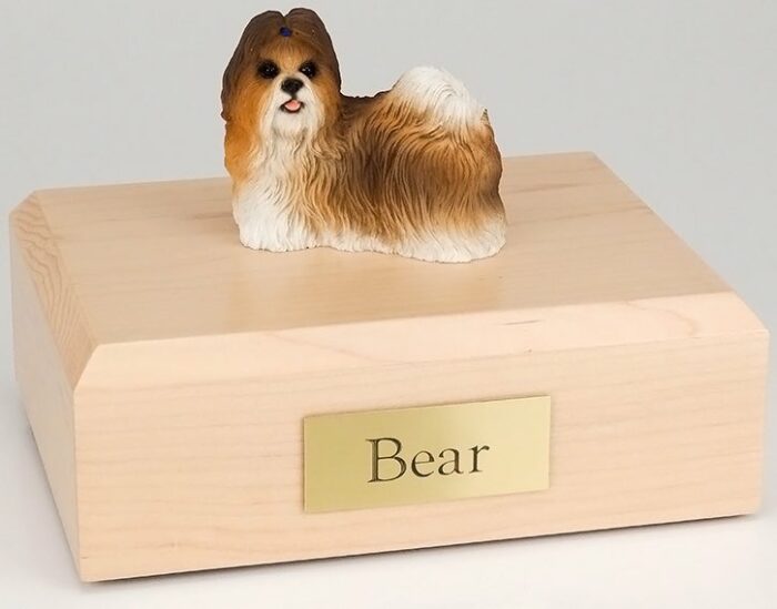 Shih Tzu figurine cremation urn w/wood box