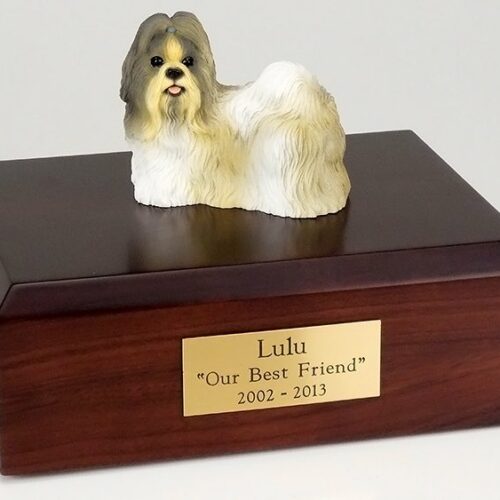 Shih Tzu figurine cremation urn w/wood box