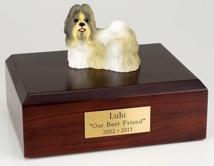 Shih Tzu figurine cremation urn w/wood box