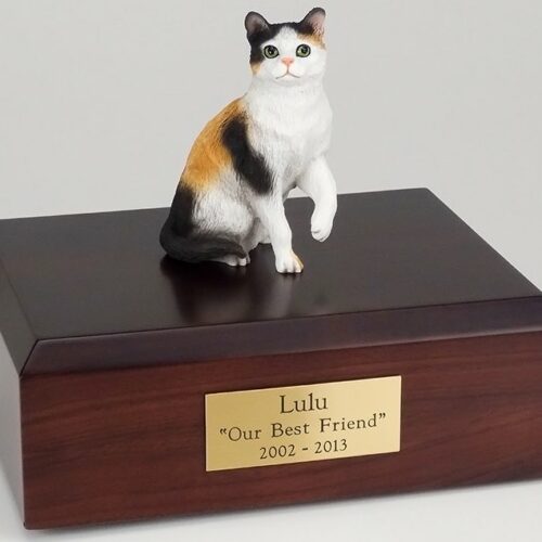 Calico cat figurine cremation urn w/wood box