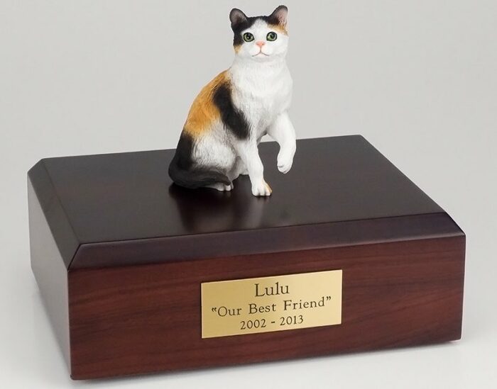 Calico cat figurine cremation urn w/wood box