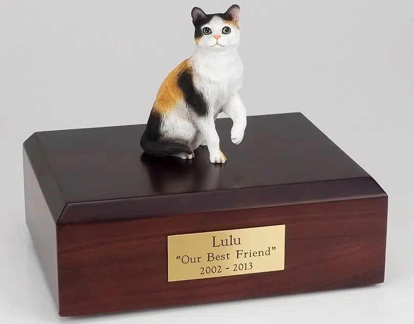 Calico cat cremation figurine urn w 