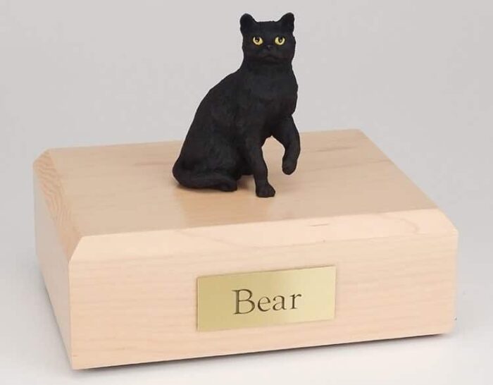 Shorthair black cat figurine cremation urn w/wood box