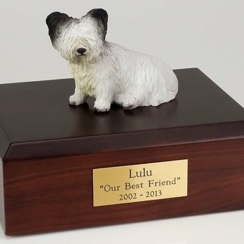 Skye Terrier figurine cremation urn w/wood box