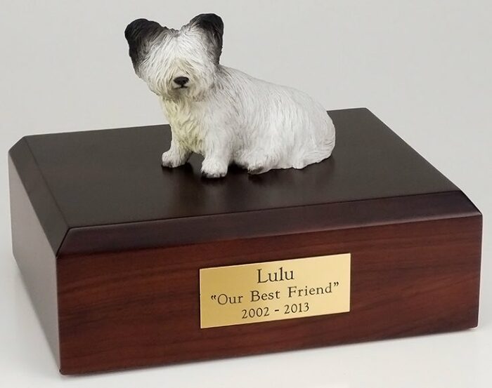 Skye Terrier figurine cremation urn w/wood box