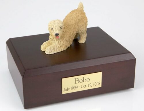 Soft Coated Wheaten figurine cremation urn w/wood box