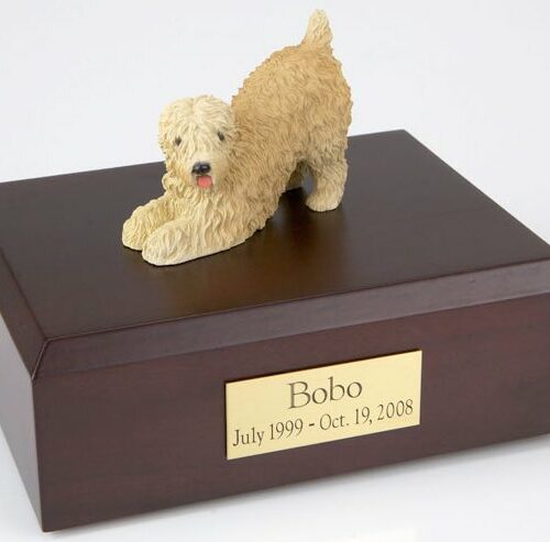 Soft Coated Wheaten figurine cremation urn w/wood box