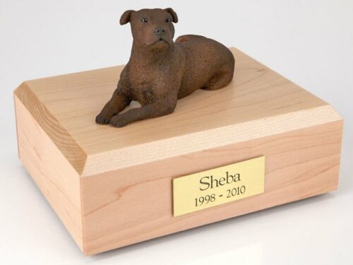 Staffordshire Terrier figurine cremation urn w/wood box