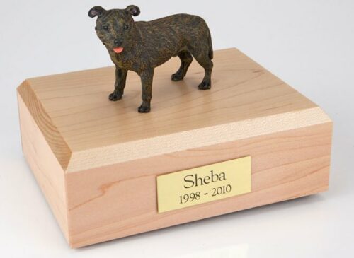 Staffordshire Bull Terrier figurine cremation urn w/wood box