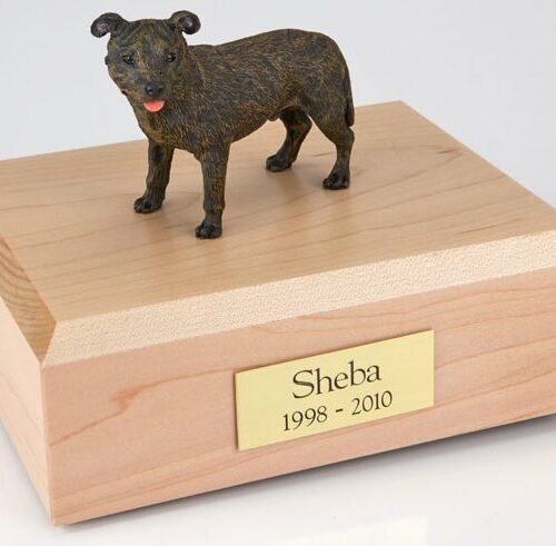 Staffordshire Bull Terrier figurine cremation urn w/wood box