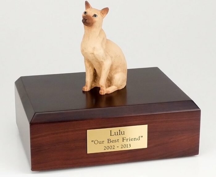 Tan Siamese cat figurine cremation urn w/wood box