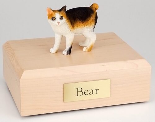 Japanese Bobtail cat figurine cremation urn w/wood box