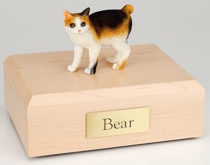 Japanese Bobtail cat figurine cremation urn w/wood box