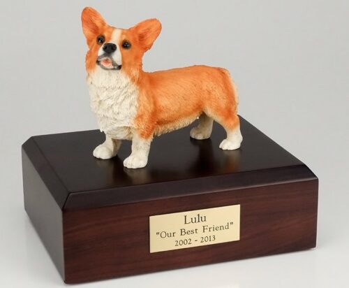 Welsh Corgi figurine cremation urn w/wood box