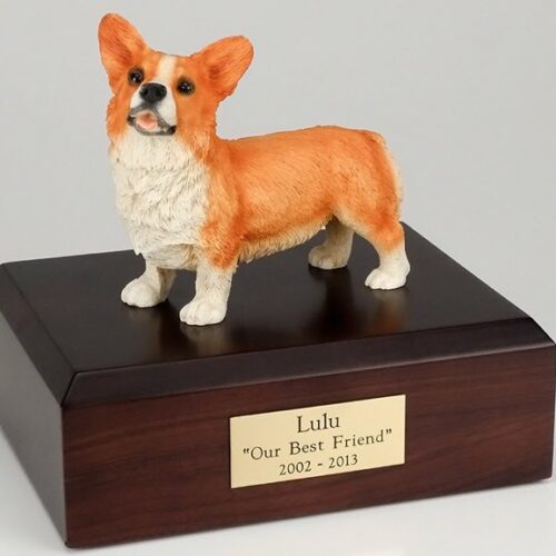 Welsh Corgi figurine cremation urn w/wood box