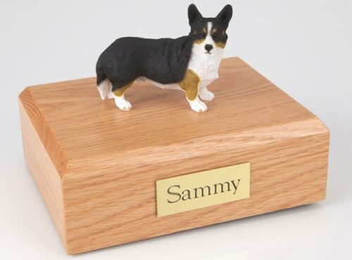 Welsh Corgi figurine cremation urn w/wood box