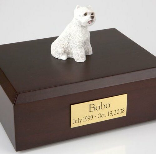 Westie figurine cremation urn w/wood box