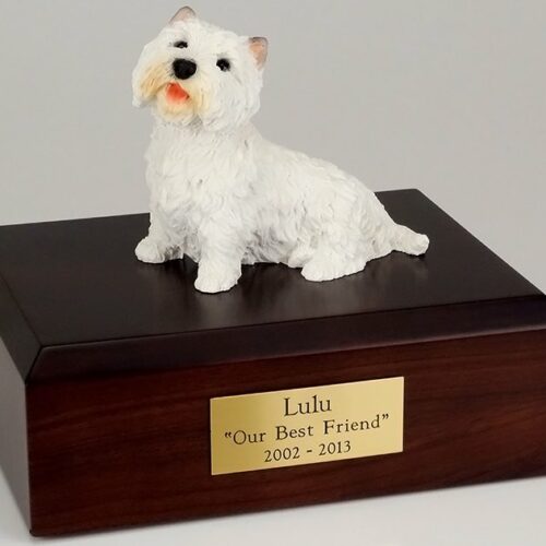 Westie figurine cremation urn w/wood box