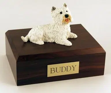 Westie figurine cremation urn w/wood box