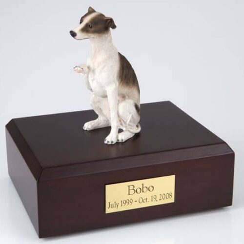 Whippet figurine cremation urn w/wood box